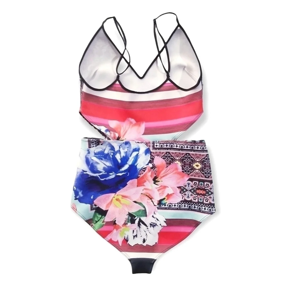 CLOVER CANYON Floral Collage Vibrant Cutout One Piece Swimsuit XS